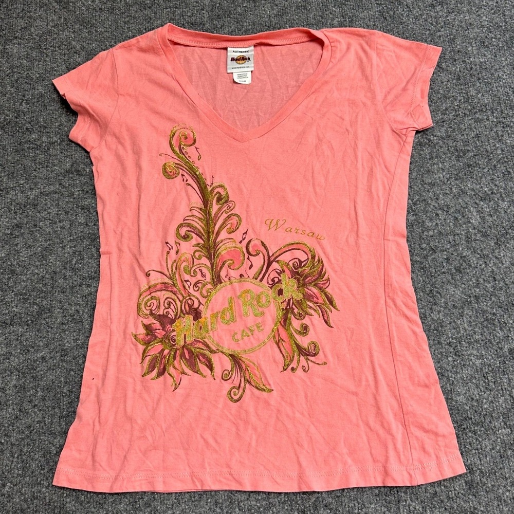 Hard Rock Cafe T-Shirt Womens Size M Coral Pink Warsaw V-Neck Graphic Tee Logo